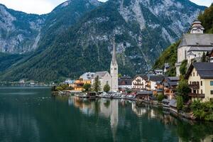 Scenic Postcard View of Hallstatt Mountain Village in Austrian Alps , Salzkammergut Region, Austria photo