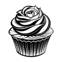 Black silhouette of Cupcake isolated on white backdrop. Concept of dessert, baking, sweet food. Icon, pictogram, template, sign, logotype, design element vector