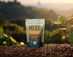 Coffee pouch mockup in morning environment psd