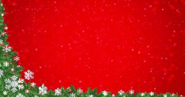 Christmas placeholder on a red background with snowflakes and green spruce branches. Seamless loop New Year festive animation video