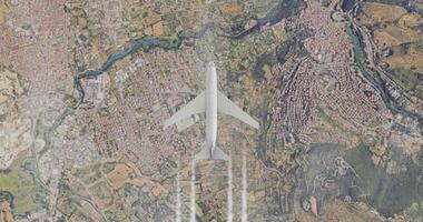 Airplane flying over big city. Big passenger aircraft flies at high altitude with contrail, view from above video