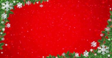 Christmas greeting card placeholder. Seamless loop snowflakes, sparkling particles on red background with copyspace video