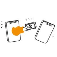 hand drawn doodle send and receive money payment from mobile phone to mobile phone vector