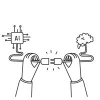 hand drawn doodle connecting brain with ai chip robotic vector