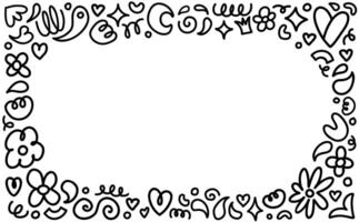 Flowers and paisley abstract doodles horizontal frame. Hand drawn black thin line illustration. Cute doodle black and white irregular border with empty space in the middle. vector
