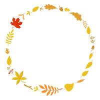 Autumn round thin frame with seasonal leaves and acorns. Flat color wreath of autumn leaves vector