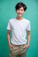 Vietnamese Rectangular Teen Boy, Sleek, Artistic, Realistic T Shirt Mockup, T Shirt White Model for E-commerce, Marketplace, Creative Agency photo