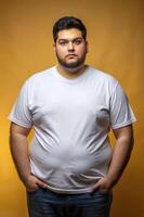 Brazilian Overweight College Boy, Innovative, Distinctive, Unisex T Shirt Mockup, T Shirt White Model for Magazine, Photography, Music photo