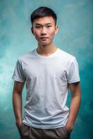 Vietnamese Athletic College Boy, Timeless, Polished, T Shirt Mockup Model, Mock Up T Shirt Concept for Educational, Restaurant, Events photo