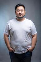 Malaysian Obese Gym Guy, Contemporary, Balanced, White Oversized T-Shirt 3D Rendering, White T-Shirt Ideal For Design Mockups And Apparel Presentations for Retail, Wedding, Fashion photo