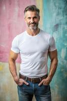 French Mesomorph Musculargym Middle-Aged, Elegant, Simple, White Oversized T-Shirt 3D Rendering, Mock Up T Shirt Concept for Portfolio, Community, Events photo