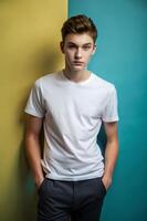 French Rectangular Teen Boy, Chic, Balanced, White Oversized T-Shirt 3D Rendering, White T-Shirt Ideal For Design Mockups And Apparel Presentations for Corporate, Health and Fitness, Events photo