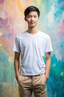 Malaysian Rectangular Teen Boy, Refined, Streamlined, Mockup T Shirt Template, Ideal For A Mockup for News, Entertainment, Technology photo