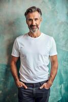 American Endomorph Fatty Middle-Aged, Elegant, Simple, T Shirt Mockup Model, Ideal For A Mockup for Corporate, Real Estate, Events photo