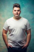 French Obese College Boy, Stylish, Distinctive, White Oversized T-Shirt With Blank Space, Suitable For Design Mockups And Print Applications for Educational, Entertainment, Music photo