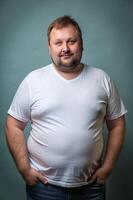 Russian Obese Middle-Aged, Chic, Balanced, T Shirt Mockup Model, White T-Shirt Ideal For Design Mockups And Apparel Presentations for Corporate, Personal, Events photo