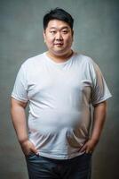 Chinese Overweight Adult, Sophisticated, Polished, White Oversized T-Shirt With Blank Space, Template Of Fashion Clothes for Portfolio, Restaurant, Events photo