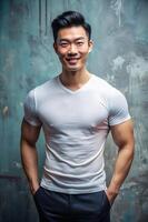 Asian Endomorph Fatty Gym Guy, Timeless, Futuristic, White Oversized T-Shirt 3D Rendering, Universal Clothing for Blog, Community, Fashion photo