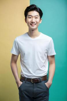 coreano rectangular Universidad chico, elegante, simplificado, medio mangas, ideal para un Bosquejo para negocio, comunidad, música foto