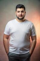 Turkish Obese College Boy, Elegant, Balanced, White Oversized T-Shirt 3D Rendering, Ideal For A Mockup for Portfolio, Non-profit, Events photo