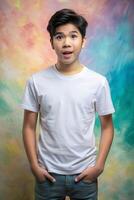 Filipino Underweight Teen Boy, Timeless, Harmonious, T Shirt Mockup Model, White T-Shirt Ideal For Design Mockups And Apparel Presentations for Blog, Entertainment, Fashion photo