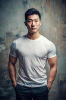 Asian Endomorph Fatty Gym Guy, Sleek, Balanced, Mockup T Shirt Template, White T-Shirt Ideal For Design Mockups And Apparel Presentations for Business, Wedding, Events photo