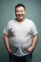 Chinese Obese Middle-Aged, Sleek, Distinctive, Mockup T Shirt Template, Template Of Fashion Clothes for News, Real Estate, Music photo
