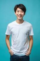 Japanese Endomorph Fatty College Boy, Fresh, Futuristic, Realistic T Shirt Mockup, Ideal For A Mockup for Business, Non-profit, Fashion photo