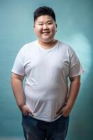 Asian Endomorph Fatty Teen Boy, Sophisticated, Futuristic, T Shirt Mockup Model, Template Of Fashion Clothes for Corporate, Community, Events photo