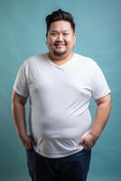 Indonesian Obese Middle-Aged, Sophisticated, Futuristic, T-Shirt 3D Rendering, Ideal For A Mockup for Multi-purpose, Non-profit, Fashion photo