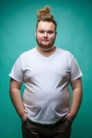 Dutch Overweight College Boy, Sleek, Artistic, Unisex T Shirt Mockup, Mock Up T Shirt Concept for News, Community, Creative Agency photo
