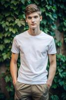 German Athletic College Boy, Timeless, Artistic, White Oversized T-Shirt 3D Rendering, Ideal For A Mockup for News, Travel, Technology photo