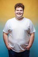 English Endomorph Fatty College Boy, Stylish, Artistic, T Shirt Mockup Model, T Shirt White Model for E-commerce, Restaurant, Technology photo