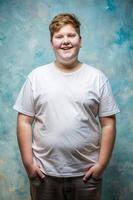 Swedish Overweight Teen Boy, Elegant, Polished, White Oversized T-Shirt With Blank Space, T Shirt White Model for Educational, Non-profit, Events photo