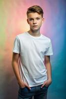 Australian Lean Healthy Teen Boy, Sophisticated, Artistic, White Oversized T-Shirt 3D Rendering, Suitable For Design Mockups And Print Applications for Corporate, Wedding, Fashion photo