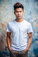 Filipino Ectomorph Skinny College Boy, Innovative, Streamlined, White Oversized T-Shirt With Blank Space, White T-Shirt Ideal For Design Mockups And Apparel Presentations for Magazine, Entertainment photo
