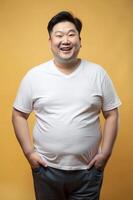 Korean Obese Middle-Aged, Chic, Balanced, Mockup T Shirt Template, T Shirt White Model for Portfolio, Wedding, Events photo