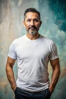 Mexican Athletic Middle-Aged, Refined, Futuristic, Mockup T Shirt Template, Suitable For Design Mockups And Print Applications for Magazine, Marketplace, Music photo