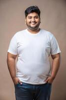 Indian Overweight College Boy, Stylish, Artistic, Mockup T Shirt Template, T Shirt White Model for Portfolio, Travel, Technology photo