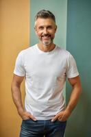 Australian Lean Healthy Middle-Aged, Contemporary, Streamlined, White Oversized T-Shirt 3D Rendering, Suitable For Design Mockups And Print Applications for Business, Marketplace, Fashion photo