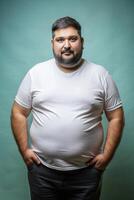 Argentine Obese Middle-Aged, Elegant, Futuristic, White Oversized T-Shirt With Blank Space, Ideal For A Mockup for Portfolio, Personal, Technology photo