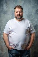 English Overweight Middle-Aged, Contemporary, Distinctive, T-Shirt 3D Rendering, White T-Shirt Ideal For Design Mockups And Apparel Presentations for Retail, Health and Fitness, Technology photo