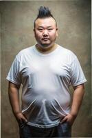 Vietnamese Obese Adult, Fresh, Streamlined, White Oversized T-Shirt With Blank Space, Template Of Fashion Clothes for Business, Community, Fashion photo