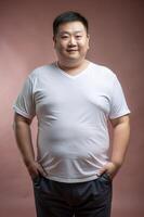 Chinese Obese Middle-Aged, Sophisticated, Bold, White Oversized T-Shirt 3D Rendering, Template Of Fashion Clothes for News, Personal, Events photo