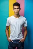 Brazilian Ectomorph Skinny College Boy, Elegant, Simple, White Oversized T-Shirt With Blank Space, White T-Shirt Ideal For Design Mockups And Apparel Presentations for Retail, Photography, Fashion photo