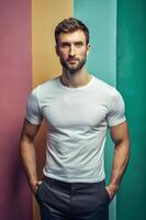 English Ectomorph Skinny Working Professional, Elegant, Bold, White Oversized T-Shirt 3D Rendering, Mock Up T Shirt Concept for E-commerce, Non-profit, Creative Agency photo