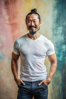 Vietnamese Mesomorph Musculargym Middle-Aged, Refined, Bold, Mockup T Shirt Template, Ideal For A Mockup for Magazine, Real Estate, Events photo