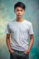 Indonesian Hourglass Teen Boy, Sophisticated, Futuristic, Mockup T Shirt Template, White T-Shirt Ideal For Design Mockups And Apparel Presentations for Blog, Community, Events photo