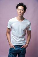 Korean Ectomorph Skinny Gym Guy, Sleek, Futuristic, White Oversized T-Shirt 3D Rendering, Mock Up T Shirt Concept for Multi-purpose, Restaurant, Events photo