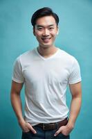 Vietnamese Pear-Shaped Gym Guy, Chic, Streamlined, White Oversized T-Shirt 3D Rendering, T Shirt White Model for Multi-purpose, Non-profit, Technology photo